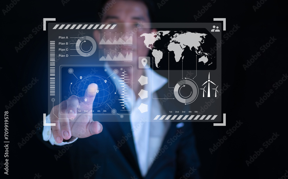 Businessmen work on virtual screens to reduce carbon dioxide emissions, climate change, limit global warming, and promote sustainable development