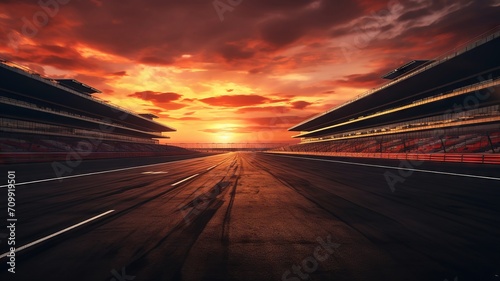 Racetrack glows under a fiery orange sunset sky