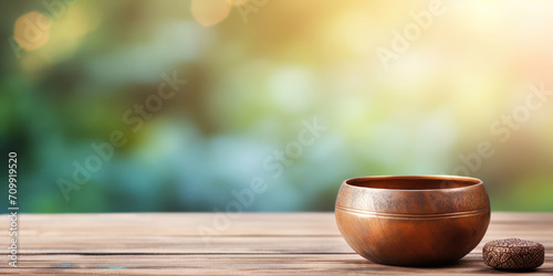 Tibetan singing bowl sits quietly  a meditation on wood grain