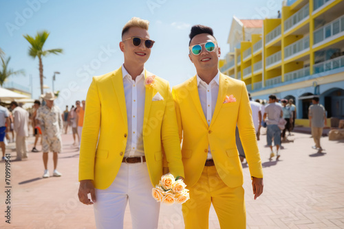 Wedding between American and Japanese homosexuals in yellow costumes photo