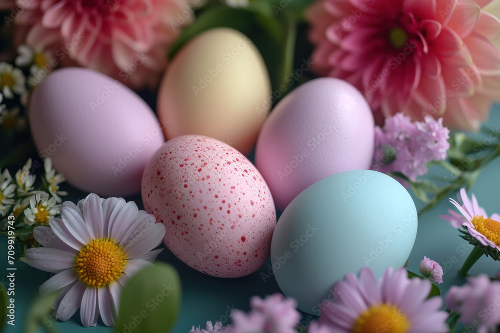 Easter colourful eggs with spring flowers 