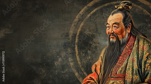 Illustration of Philosopher Confucius in Round Frame on Dark Canvas photo