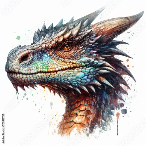 Multicolored colorful rainbow dragon head illustration. Painted in colorful. watercolor on a white background in a realistic manner. © Mari Dein