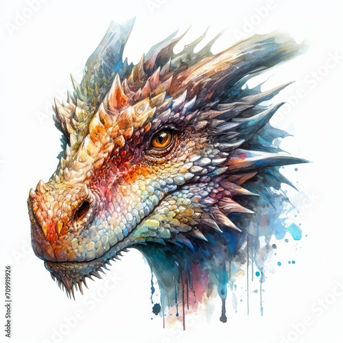 Multicolored colorful rainbow dragon head illustration. Painted watercolor on a white background in a realistic manner.