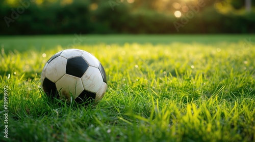 Black and white soccer ball on green grass.
