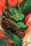 Green dragon head illustration. Painted in watercolor on a white background in a realistic manner.