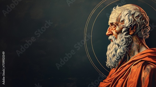 Philosopher Epicurus Illustrated in Round Frame on Dark Canvas with Space for Text photo