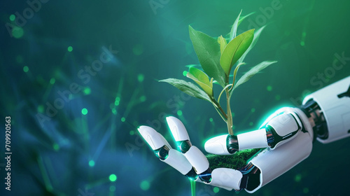 Green Technology, Technology and Futuristic Ethic Business Concept, Robot holding a plant, Anti-global warming economy photo