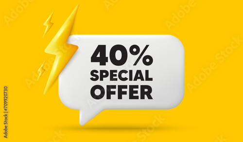 40 percent discount offer tag. 3d speech bubble banner with power energy. Sale price promo sign. Special offer symbol. Discount chat speech message. 3d offer talk box. Vector