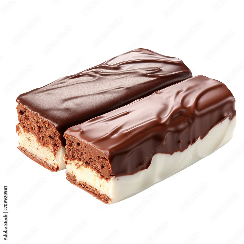 Chocolate protein bar, divided by two isolated on white or transparent background Chocolate protein bar, divided by two isolated on white or transparent background