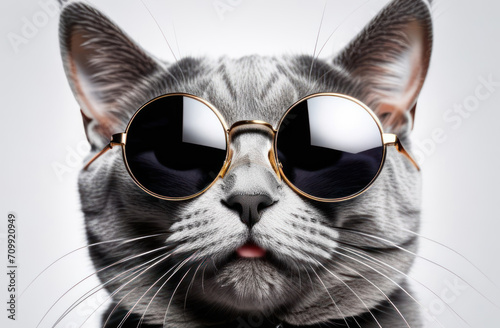 Gray cat in round sunglasses on a white background  closeup.