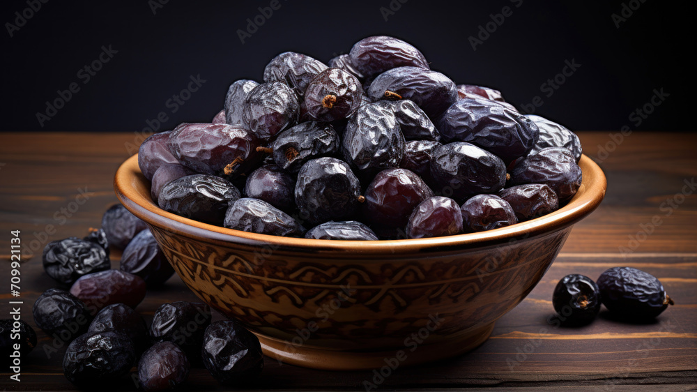 Dried date fruits in bowl on wooden table. Selective focus. Dried date fruits in bowl on wooden table. Selective focus.