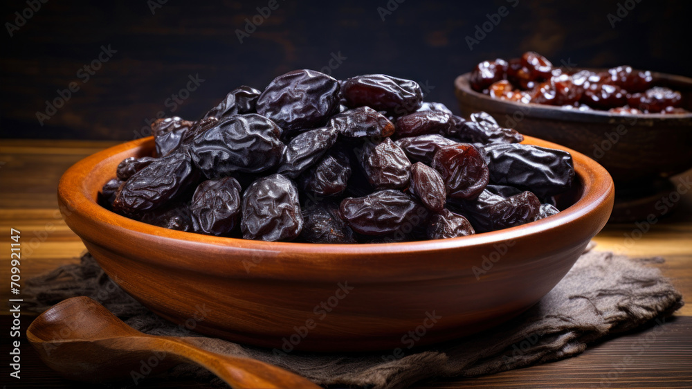 Dried dates fruits in a bowl on the table, close up Dried dates fruits in a bowl on the table, close up