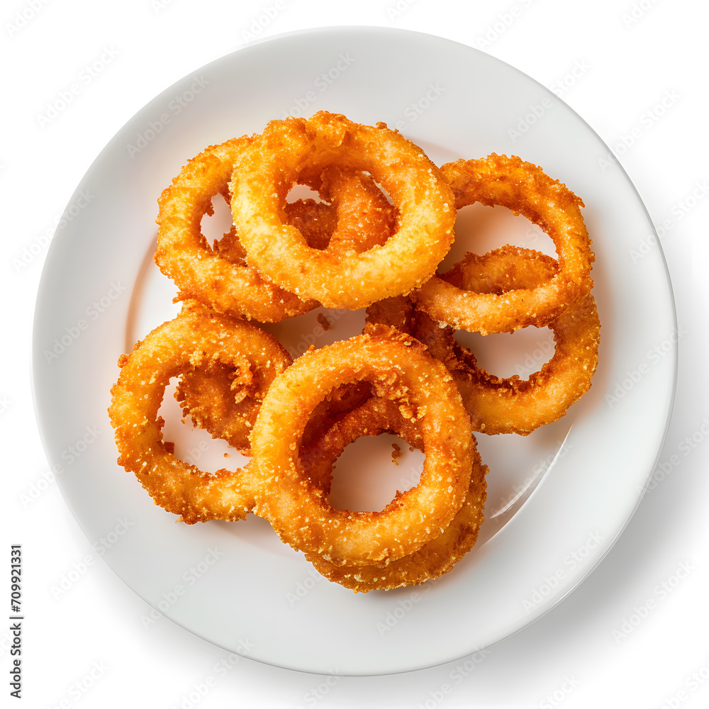 Fried Onion Rings on white plate, top view, isolated on white background Fried Onion Rings on white plate, top view, isolated on white background
