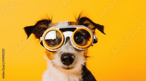 A small dog with huge round glasses on a yellow background, copy space. Puppy in stylish pilot glasses looks up in bewilderment. Sale of fashionable and modern eyeglass frames. Steampunk dog.