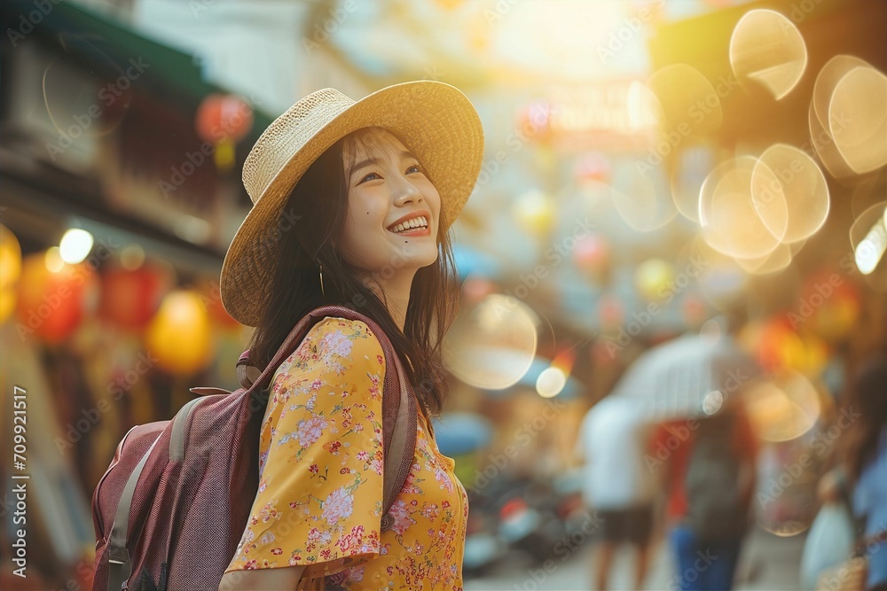 Obraz premium 世界旅行を楽しむ日本人女性（バックパック・旅行・旅・観光・トラベラー）