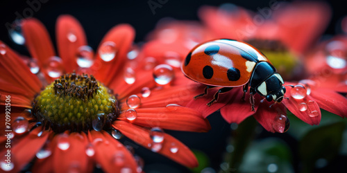 Ladybug traverses dew-kissed petals of a daisy, with a soft focus on the water droplets surrounding it © Putra