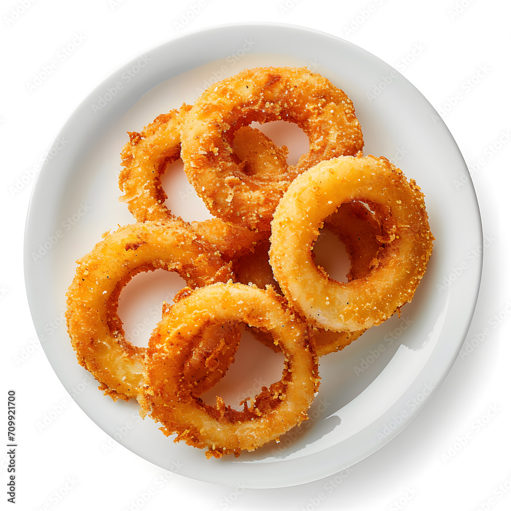 Fried Onion Rings on white plate, top view, isolated on white background