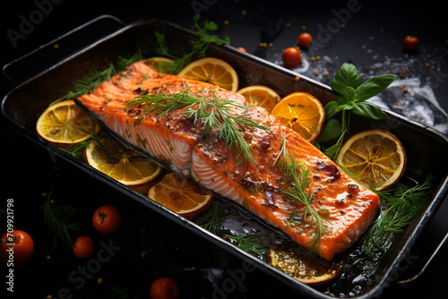 Piece baked salmon with spices and citruses. Generative AI.