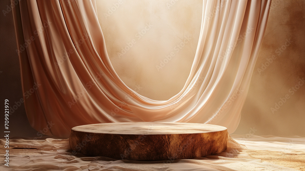 3D display podium, marble background with wood frame pedestal and flying silk cloth curtain. Nature wind. Beauty, cosmetic product presentation stand. Luxury feminine mockup 3d render advertisement