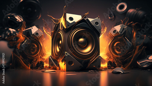 abstract music background with speakers , Hyper realistic, wallpaper, background , 32k, sharp image, hyper realistic wallpaper, octane render, full bright light, Ai generated image