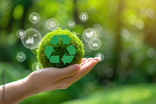 Hand holding recycle, recycling saving clean energy earth globe, reduce, reuse, environment, green, eco friendly, save planet, sustain, ecosystem.campaign save the earth, earth Day 22 April