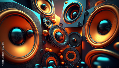 abstract music background with speakers , Hyper realistic, wallpaper, background , 32k, sharp image, hyper realistic wallpaper, octane render, full bright light, Ai generated image photo