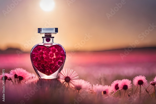 valentines perfume concept , red heart shaped cologne flacon , bokeh background