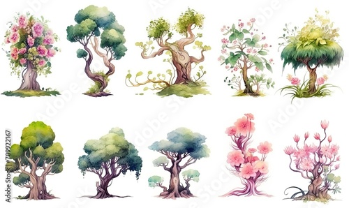 watercolor illustration with grungy texture, fantasy fairytale forest tree , collection set isolated on white background,  idea for junk journal or scrapbook design, generative Ai photo