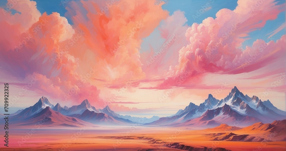A vast and expansive landscape, with towering mountains and a vast expanse of sky, painted in vibrant hues of orange and pink - Generative AI