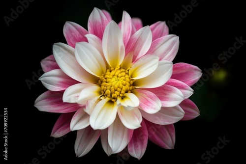 A flower with pink and white petals  a black background  and a yellow center. Generative AI