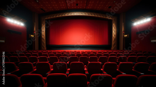Movie or theater auditorium with red seats and spotlights. Cinema background