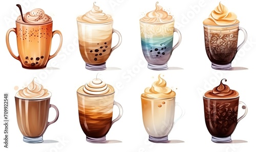 watercolor illustration with grungy texture, frappe ice coffee, boba tea with cream, collection set isolated on white background, idea for junk journal or scrapbook design, generative Ai