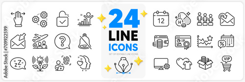 Icons set of Discounts calendar, Passenger and Heart line icons pack for app with Equality, Incubator, Lock thin outline icon. Annual calendar, Mute, Money box pictogram. Design with 3d stars. Vector