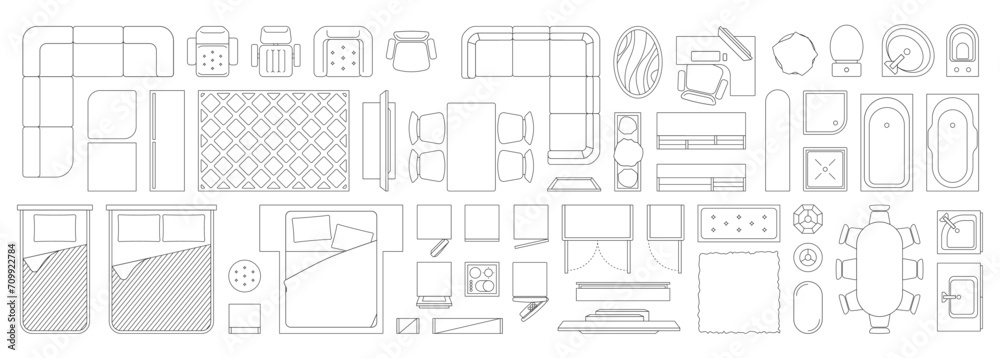 Linear interior top view icons. Office and home room floor plan, overhead view of table and sofa, bed desk chair. Modern flat design icons. Vector set of interior furniture home illustration