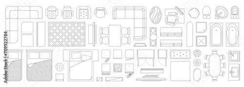 Linear interior top view icons. Office and home room floor plan, overhead view of table and sofa, bed desk chair. Modern flat design icons. Vector set of interior furniture home illustration