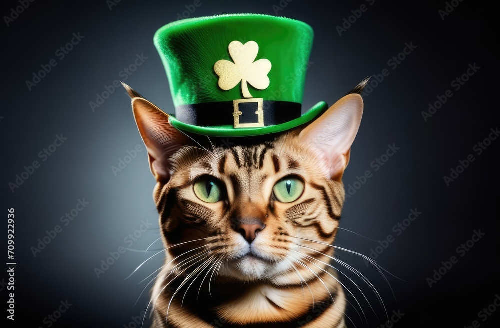 St.Patrick 's Day. A Bengal cat wearing a green top hat with a gold pattern in the form of a maple leaf on a black background. Copy space.