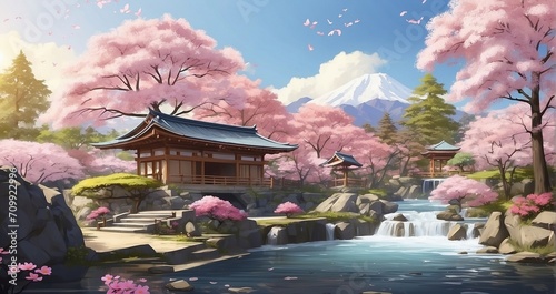 A visually descriptive prompt that transports you to a peaceful Japanese garden  surrounded by elegant cherry blossom trees and the soft sound of a nearby waterfall - Generative AI
