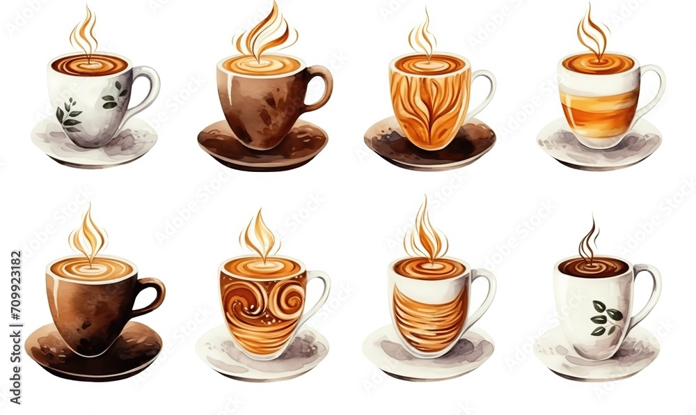 watercolor illustration with grungy texture, coffee cup, hot beverage , collection set isolated on white background,  idea for junk journal or scrapbook design, generative Ai