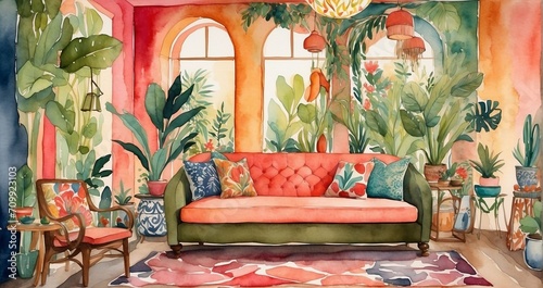 a watercolor depiction of an eclectic bohemian space akin to Frida Kahlo's vibrancy, showcasing layered textures, bold patterns, and lush greenery, evoking a lively artistic sanctuary - Generative AI photo