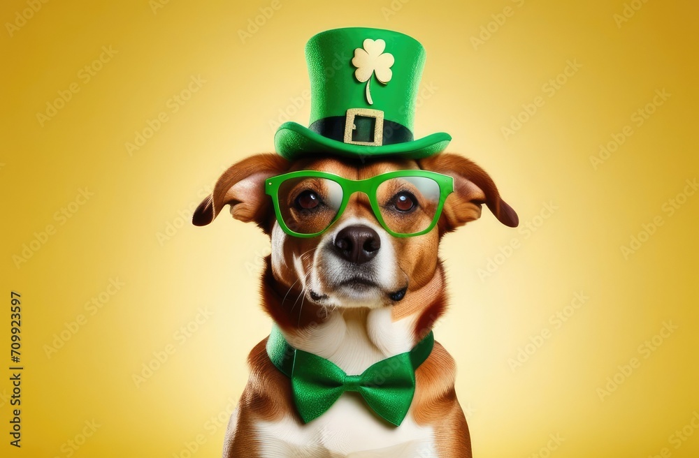 Fototapeta premium St.Patrick 's Day. Concept. A beautiful dog in a green top hat with a golden clover pattern, glasses and a bow tie close-up on a yellow background in the center.