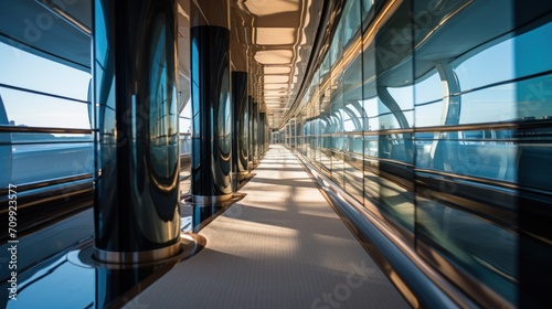 Beautiful detail of a superyacht upper deck corridor reflection on the glass windows, featuring the yacht's architectural design.


 photo