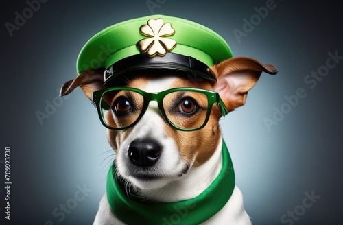 St.Patrick 's Day. Concept. A beautiful dog, Jack Russell breed, wearing a green cap with a golden clover pattern, glasses and a green scarf on a gray background in the center.