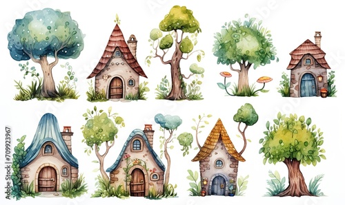  watercolor illustration with grungy texture, cute fairytale enchanted cottage, vintage house, collection set isolated on white background, idea for junk journal or scrapbook design, generative Ai © QuietWord