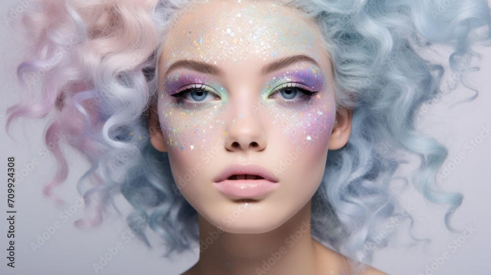 A woman with blue and pink hair and glitter on her face