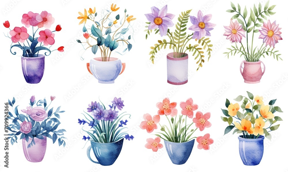 watercolor illustration with grungy texture, spring flower pot blossom, collection set isolated on white background, idea for junk journal or scrapbook design, generative Ai