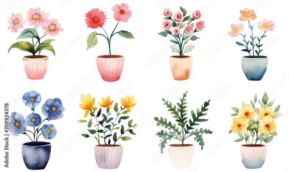watercolor illustration with grungy texture, spring flower pot blossom, collection set isolated on white background, idea for junk journal or scrapbook design, generative Ai watercolor illustration with grungy texture, spring flower pot blossom, collection set isolated on white background, idea for junk journal or scrapbook design, generative Ai