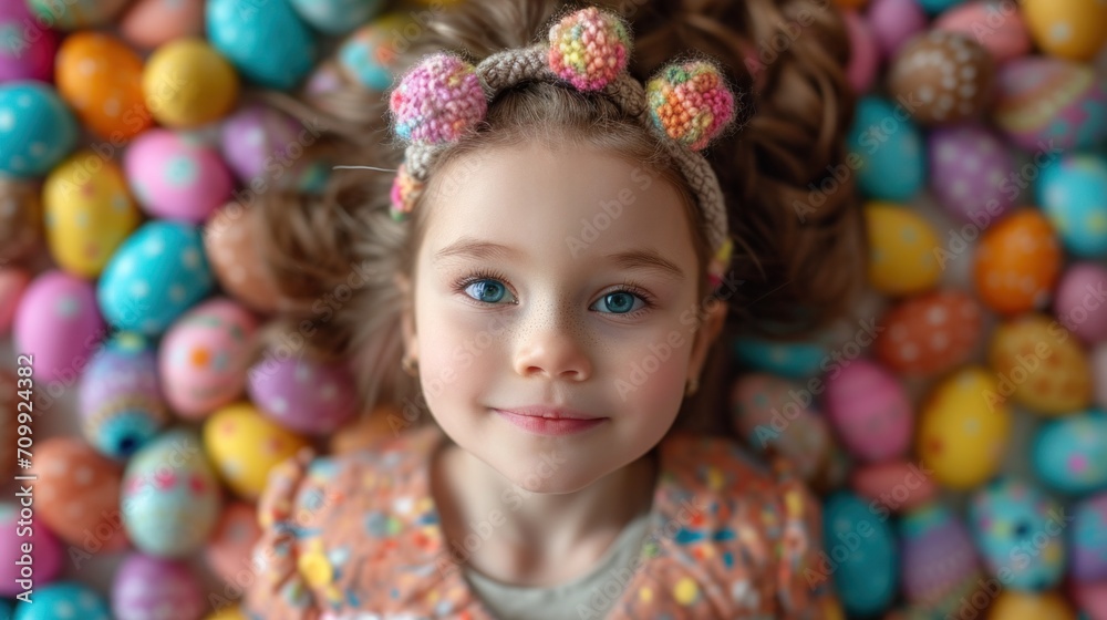 A little girl laying on top of a pile of easter eggs A little girl laying on top of a pile of easter eggs