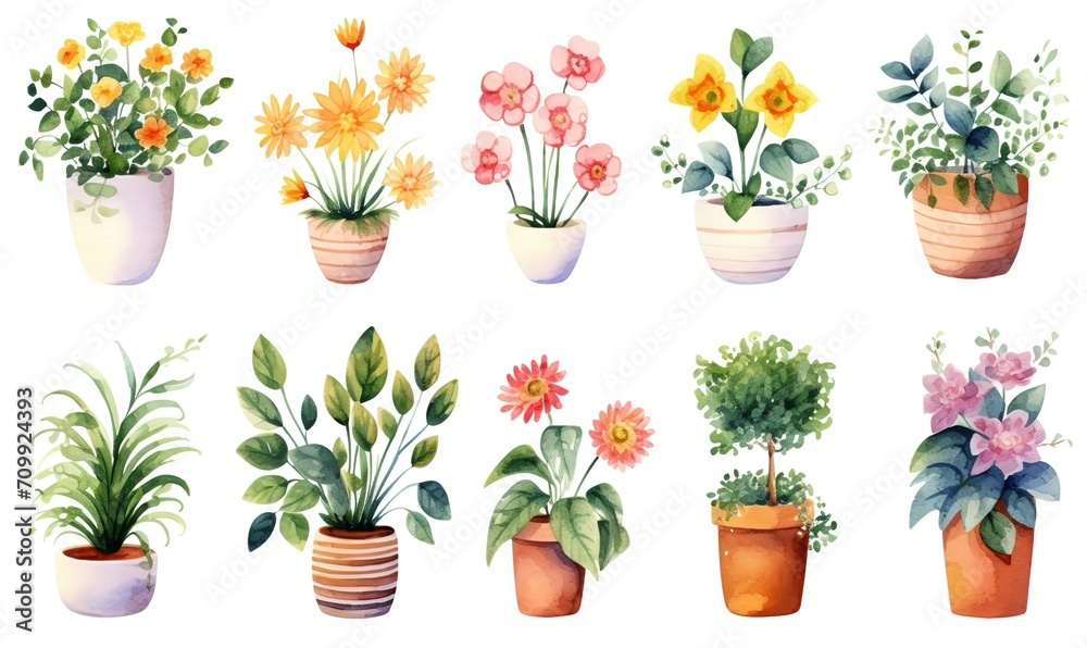 watercolor illustration with grungy texture, spring flower pot blossom, collection set isolated on white background, idea for junk journal or scrapbook design, generative Ai - obrazy, fototapety, plakaty 