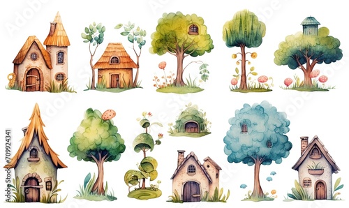  watercolor illustration with grungy texture, cute fairytale enchanted cottage, vintage house, collection set isolated on white background, idea for junk journal or scrapbook design, generative Ai photo
